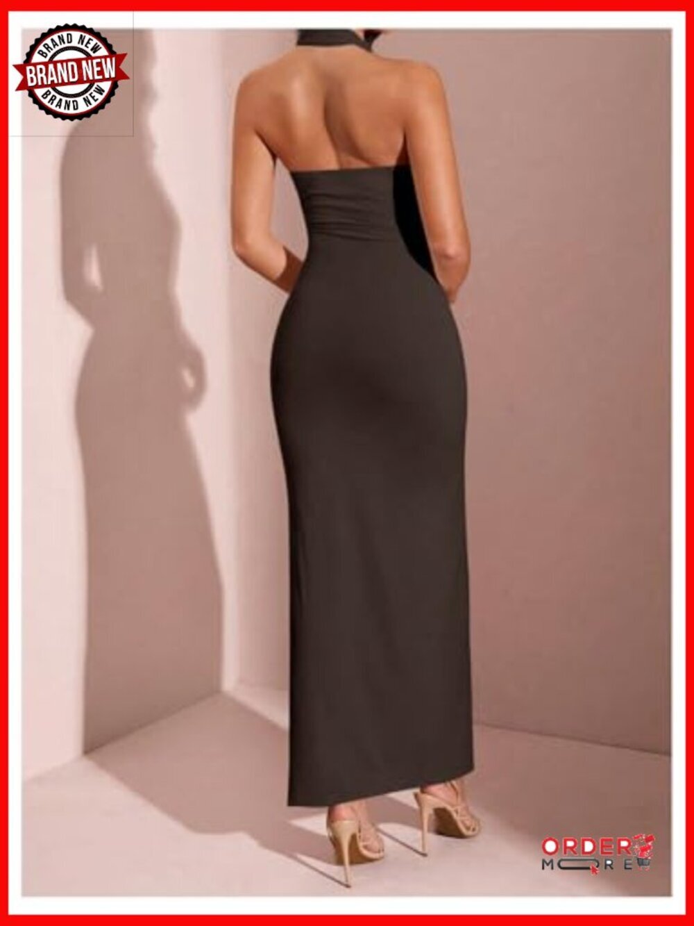 Deep V Neck Halter Maxi Dress with Bow Tie Front Split - Picture 3 of 5